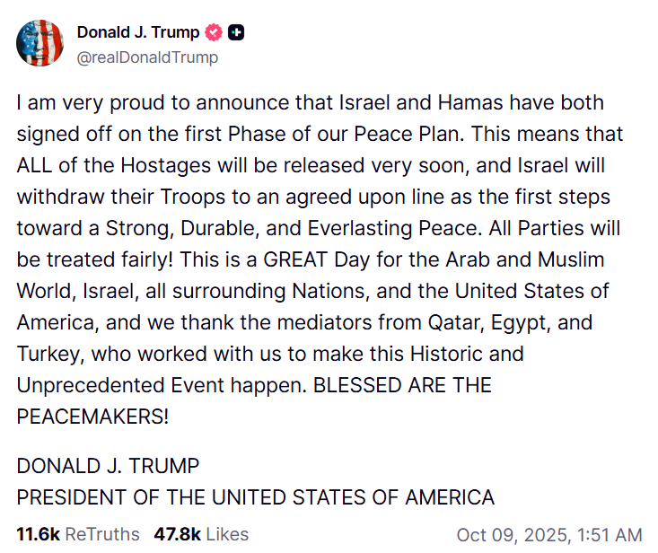 הצהרת הנשיא טראמפ ברשת החברתית 